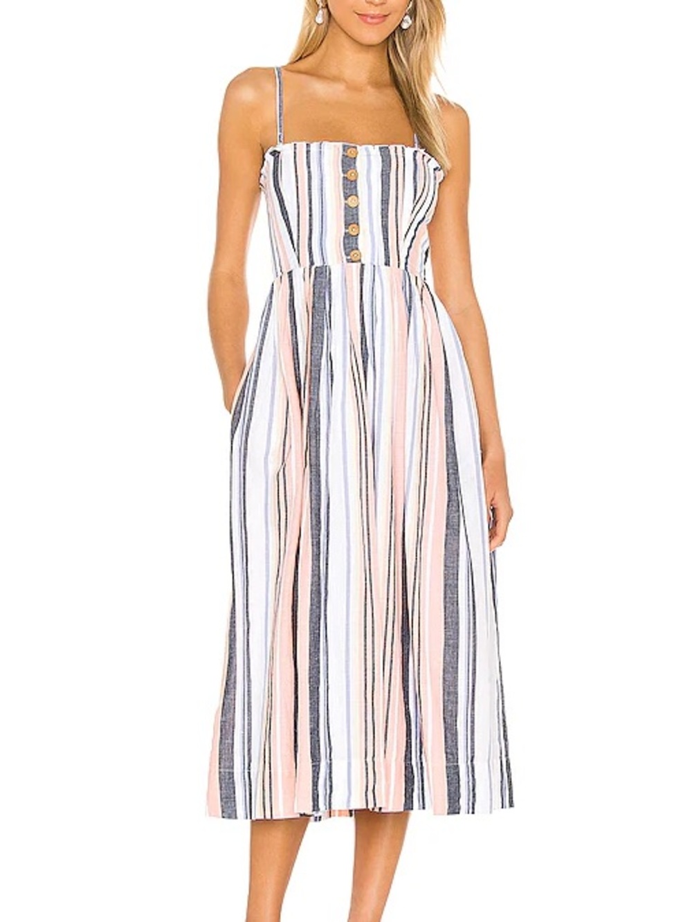 FREE PEOPLE Lilah Smoked Pleated Linen Striped Sundress Midi Dress